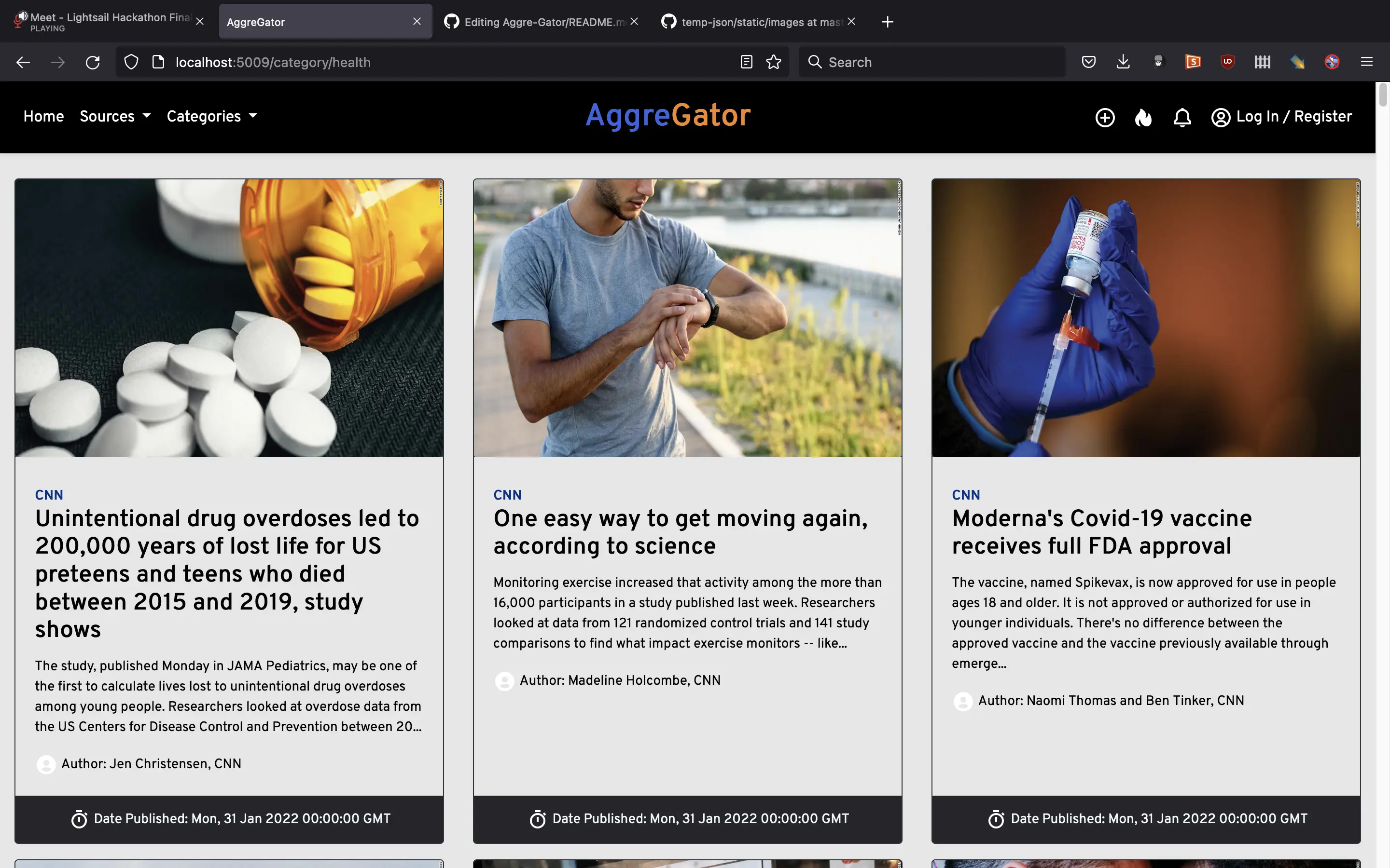 Screenshot of Aggre-Gator landing page, with news articles aggregated from CNN and Fox.