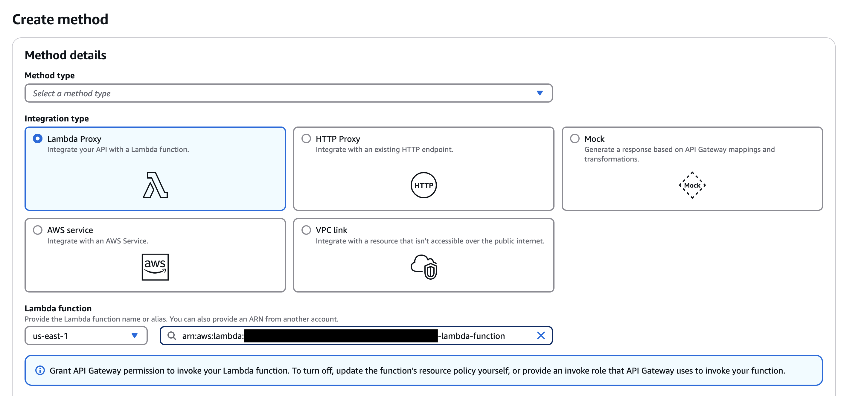 Create Method Screen: Select “Any” in the Method type dropdown, Lambda Proxy, and select the Lambda Function you created earlier.
