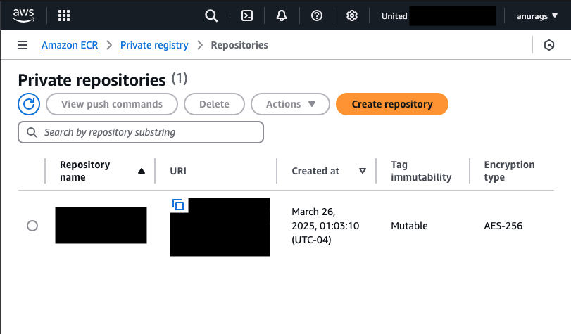 AWS ECR Main Screen: Create Repository