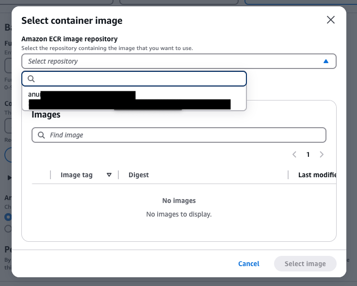 Select the particular image / version you want to deploy to your Lambda Function.
