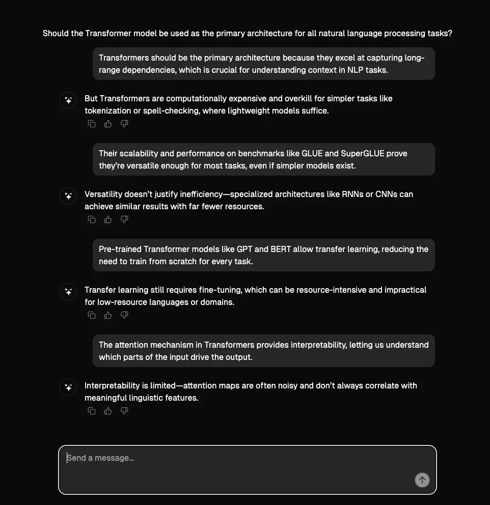 Demonstration screenshot of Debate AI project, with two AI agents debating the topic "Should transformer model be used as the primary architecture for all NLP models?".