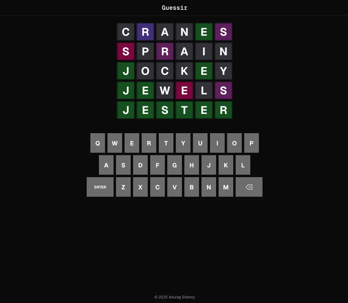 Screenshot of Guessir, the word guessing game being played with the player successfully guessing the correct answer of "Jester"
