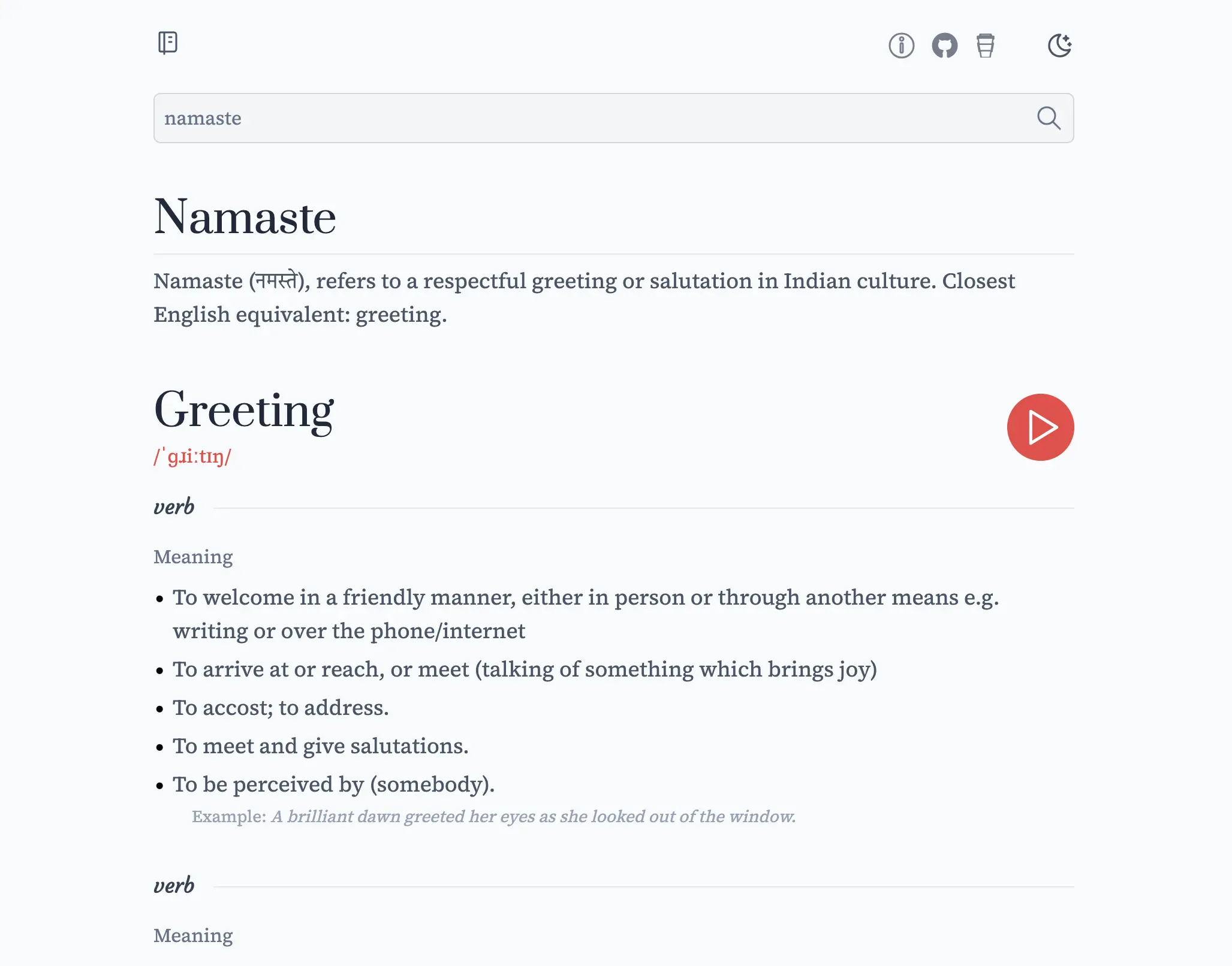 Demonstration screenshot of HinDict the Hindi to English dictionary project using the word Namaste as input